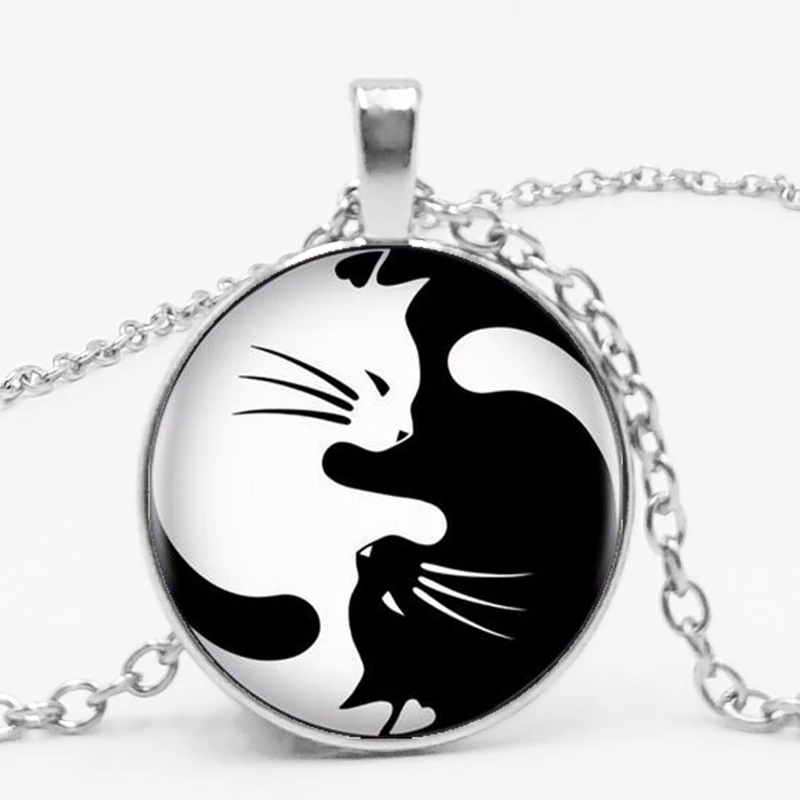

Fashion Vintage Retro Two Cat Necklace Glass Pendant Yin Yang Cat Fish Necklace Fashion Men's Necklace Private Order