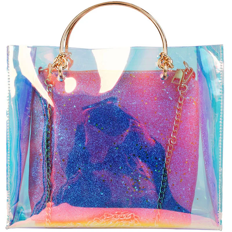 

Transparent Jelly Bag Quality PU Leather Women's Designer Handbag Metal Tote Chain Shoulder Messenger Bag 2019 Fashion New