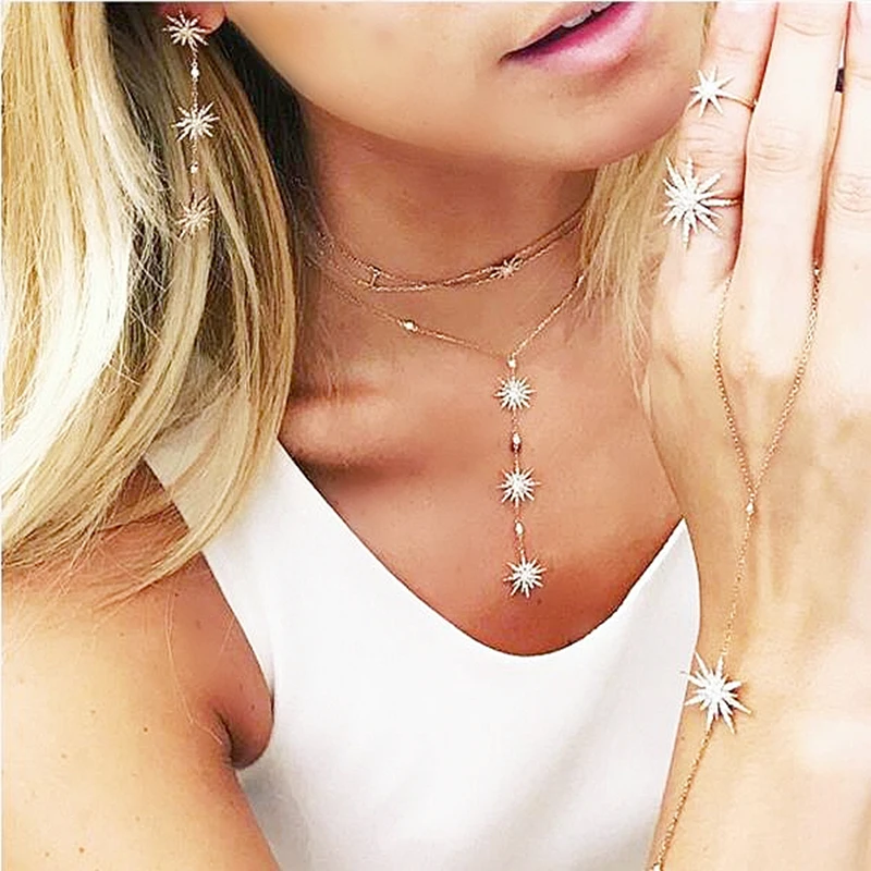 

2019 High Quality clear CZ Zircon Snowflake Long pendant Necklace sun burst Star link chain choker women fashion Sweater jewelry
