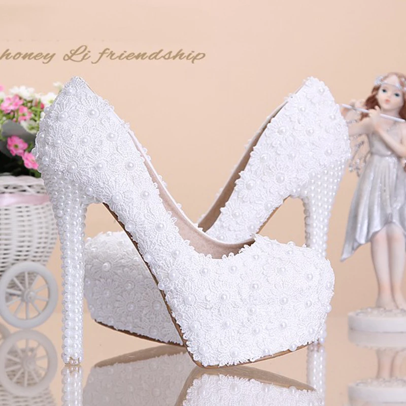Women Fashion Sweet White red Flower Lace Platform High Heels Pearls rhinestone Wedding Shoes Bride Dress Shoes