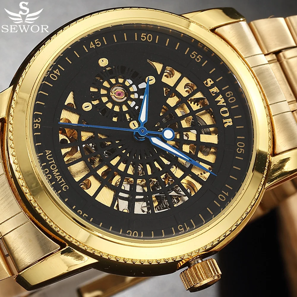 

Automatic Mechanical Watch Men Relogio Masculino SEWOR Gold Stainless Steel Skeleton Watch Clock Male Montre Homme Wristwatch