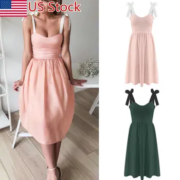 

Hot Vintage Women's Boho Solid Bow Summer Club Party Dress Beach Short Mini Dress Girls Sundress vestido infantil