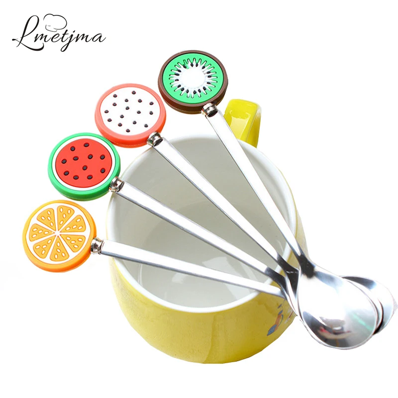 LMETJMA 4pcs/set Fruit Style Stainless Steel Tea Spoon Cute Soup Spoon