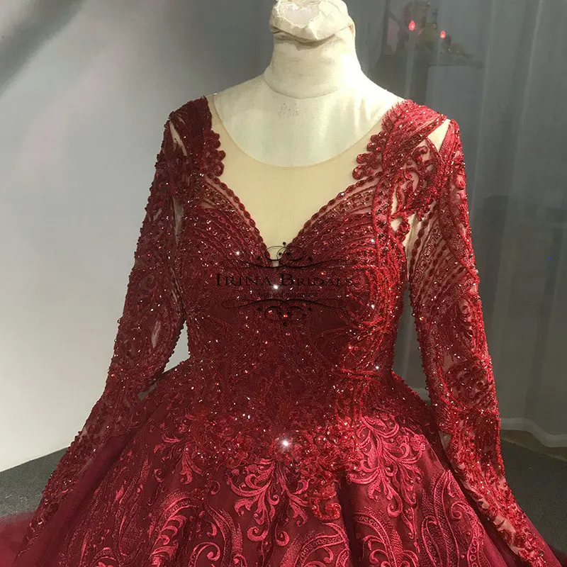 Ирина особого торжества vestido de novia в стиле «Принцесса» с длинными рукавами с кружевной аппликацией; прозрачные, черные, красные, серые, синие свадебное платье
