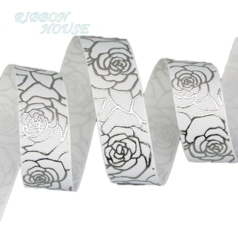 

(10 yards/lot) 22mm floral White Hot stamping silver foil grosgrain ribbon gift wedding ribbons roll