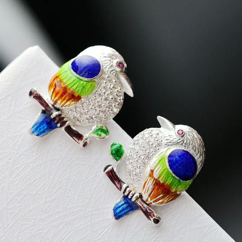 Red Trees Real 925 Sterling Silver Enamel Bird Earrings For Women Cute