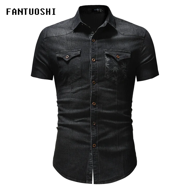 

Men Denim Shirt 2019 Summer New Fashion Denim Blue Shirt Double Pocket Design Casual Slim Short Sleeves Shirt size 3XL