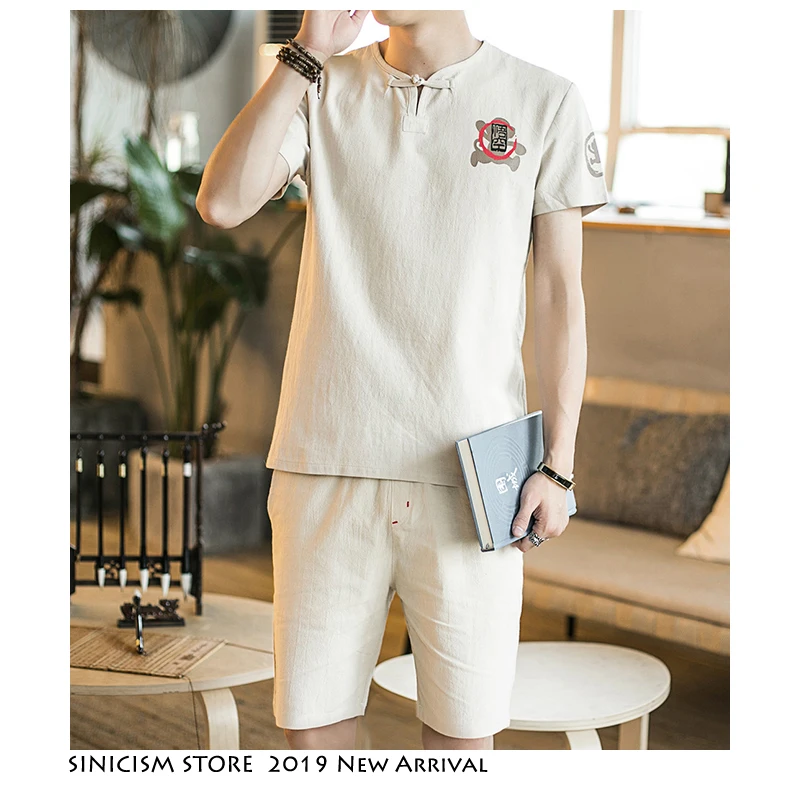 Sinicism Store Harajuku Fish спортивный костюм для мужчин летние мужские льняные шорты комплекты мужской уличной одежды в китайском стиле комплекты из 2 предметов