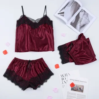 

Stain Pajamas Women Lace Lingerie Nightdress Camisole Trousers Sleepwear Crop Top & Short & Pants Casual Pajamas Sets