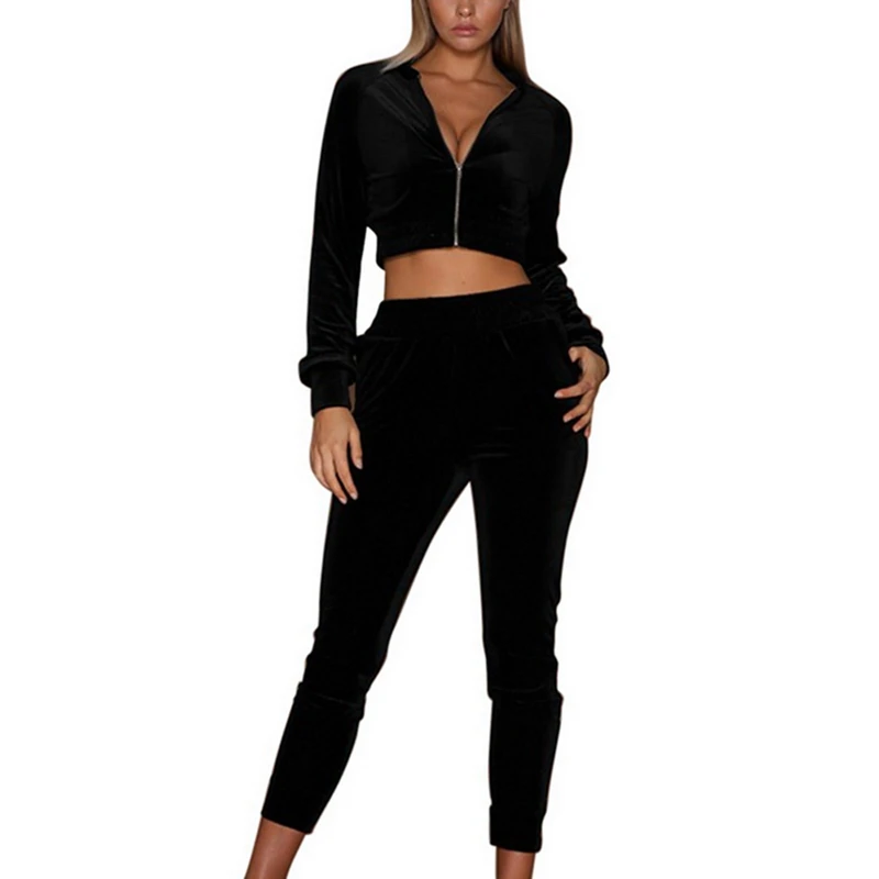 Litthing Women Tracksuit Zipper Hoodies Sweatshirt Pants 2 Pieces Set Fashion Female Cropped Top Pullover And Trousers Suit - Цвет: Black Style 1