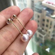wedding Women Gift word 925 Sterling silver real Akoya natural seawater pearl earrings round flawless 7-7.5 mm