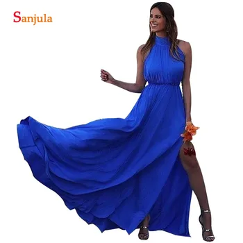 

Royal Blue Bridesmaid Dresses Side Slit Elegant A-line High Neck Jersey Long Wedding Party Dress Abito Da Cerimonia Donna