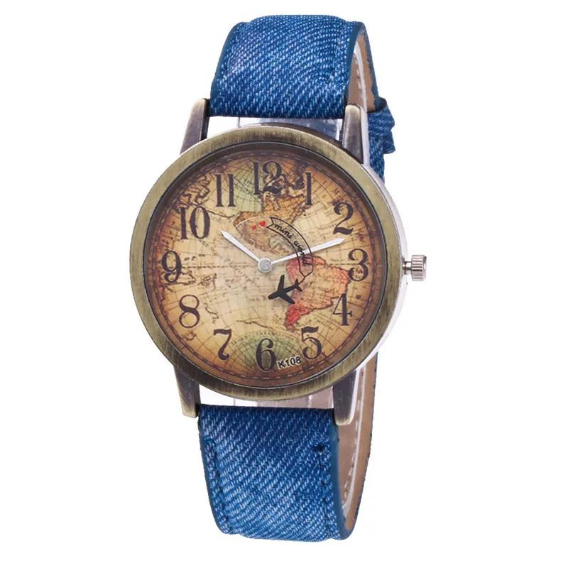 Горячая Мода винтажные женские часы карта мира Печать циферблат кожаный ремешок женские часы кварцевые наручные часы Брендовые Часы подарок# W - Цвет: Синий