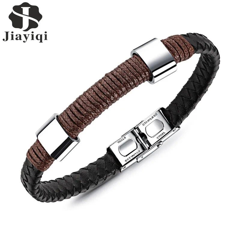 

Jiayiqi 2017 Vintage Woven Black Leather Rope Bracelet Braided Wristband Stainless Steel Clasp Punk Gift for Men Jewelry 21 cm