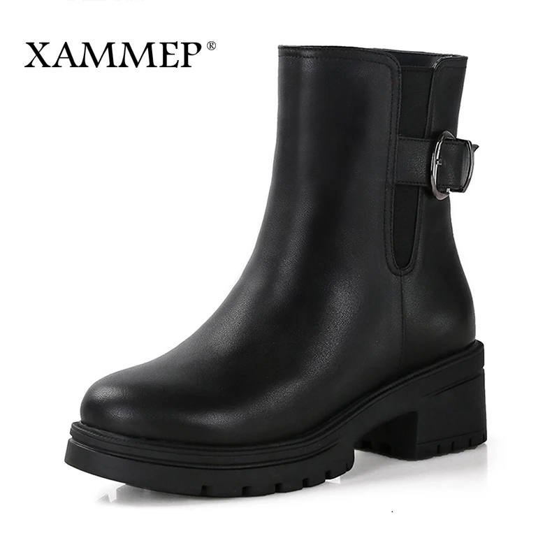 

Women Winter Shoes Women Genuine Leather Natural Wool Boots Brand Women Shoes Mid Calf Boots High Quality With Platform Xammep