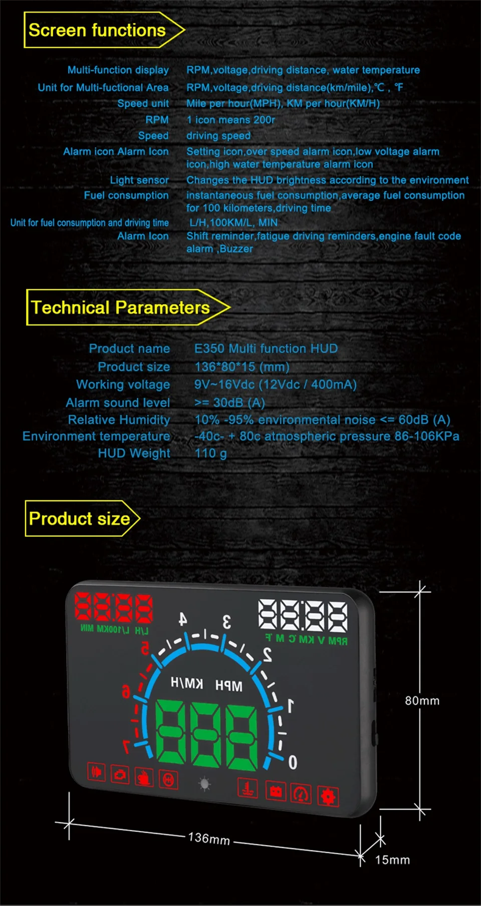 5," Hud OBD2 дисплей лобового стекла спидометра автомобиля Speedo Projetor