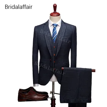 

KUSON Navy Blue Plaid Men Suit Set Lattice Printed Slim Fit Dinner Wedding Suit For Men Bridegroom Tuxedo 3Pcs Jacket Pants Vest