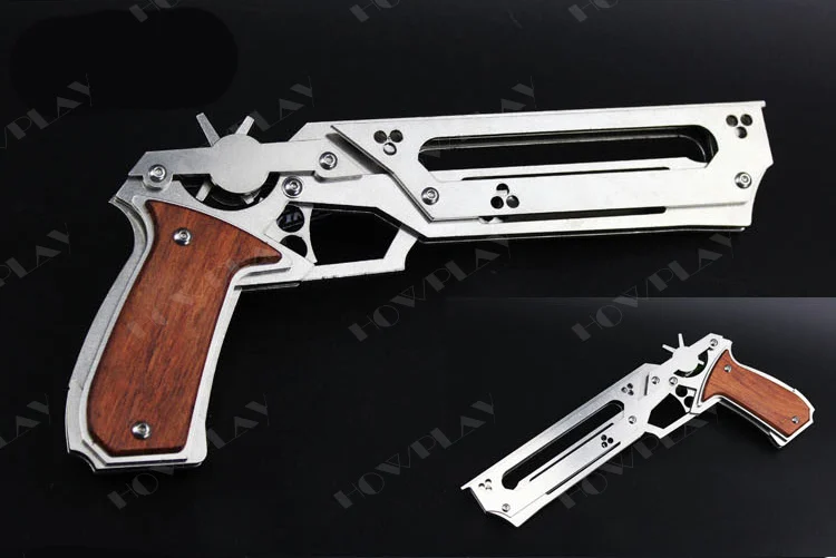 HowPlay игрушечный пистолет с резиновой лентой Металлический Игрушечный Пистолет деревянная ручка цвет нержавеющая сталь 6 всплесков стреляет оружие игрушка для детей мальчик
