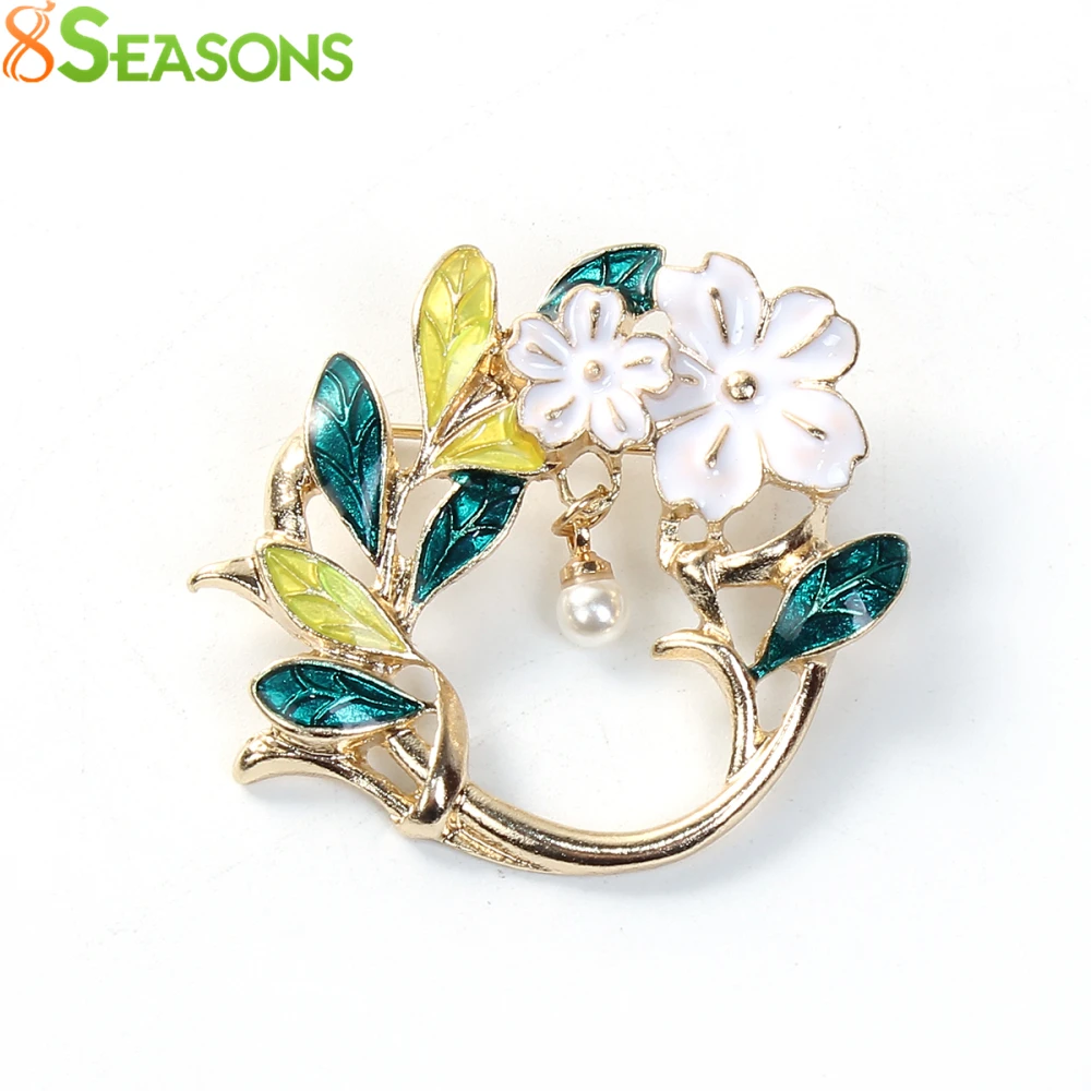 

8SEASONS Zinc Alloy Flower Leaf Brooches Enamel Fashion Women Acrylic Imitation Pearl Fashion Accessories Jewelry, 1 Piece