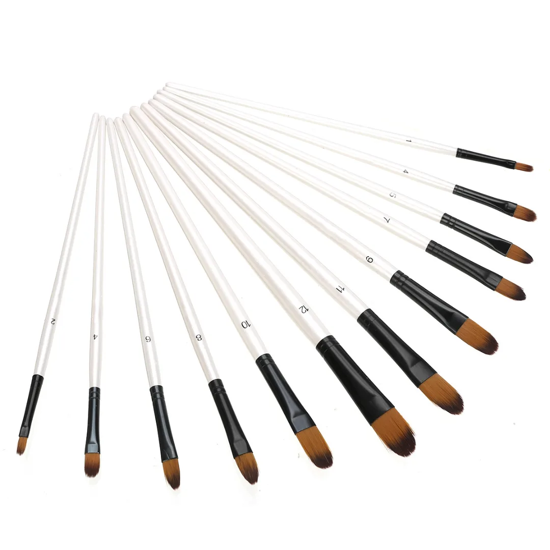 12PCS Artist Paint Brushes Set Acrylic Oil Watercolor Painting Oblate/Oblique Nylon Hair Brush Wood Handle School Art Supplies