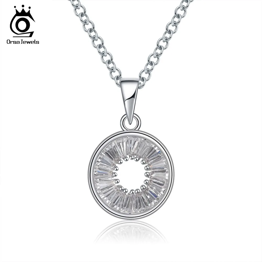 

ORSA JEWELS Silver Color Women Necklaces Hollow Round Shape Pendant AAA Clear Cubic Zircon Fashion Female Necklace Jewelry ON145