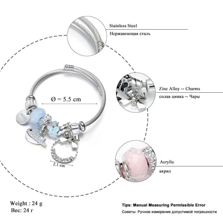 RAVIMOUR бразильские Браслеты Mujer, серебряные браслеты из нержавеющей стали для женщин, большой бант, дельфин, любовь, браслеты с подвесками, ювелирные изделия, Прямая поставка