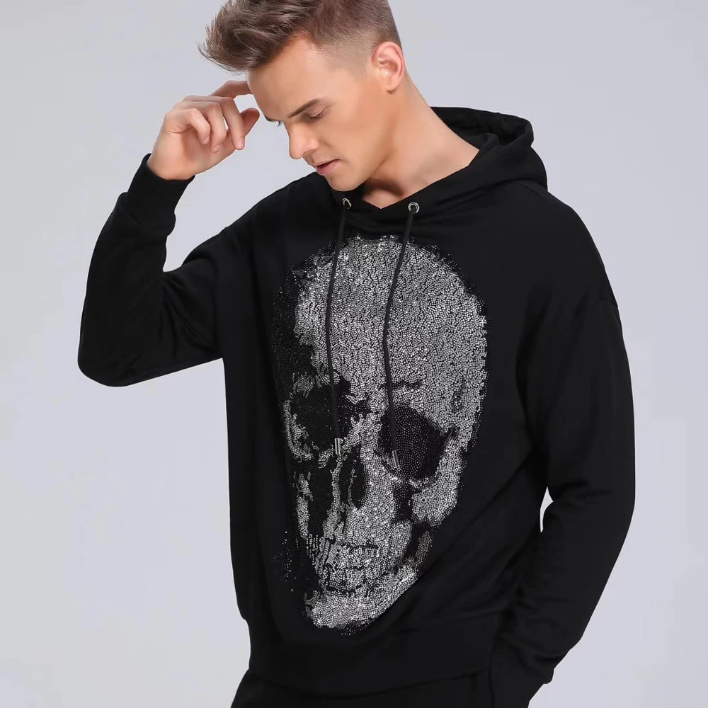 

PP Bag Packaing! DUYOU Vintage Men's Big Crystal Shine Skull Graphic Pullover Hoodie Sweatshirt Brand Clothing for Man