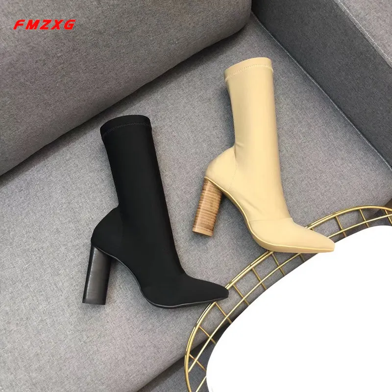

Women's Sexy Shoes Winter Fashion Quality Booties Pointed Toe Stretch Fabric High Heel Boots Leisure Women Luxury Brand Shoes