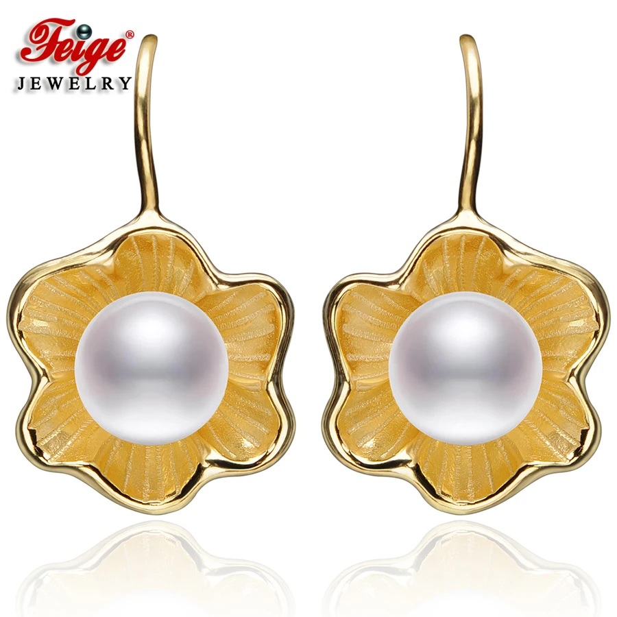 

FEIGE High Quality 7-8mm Freshwater Pearl Drop Earrings Genuine Golden color 925 Sterling Silver Earring Female Pearl Jewelry