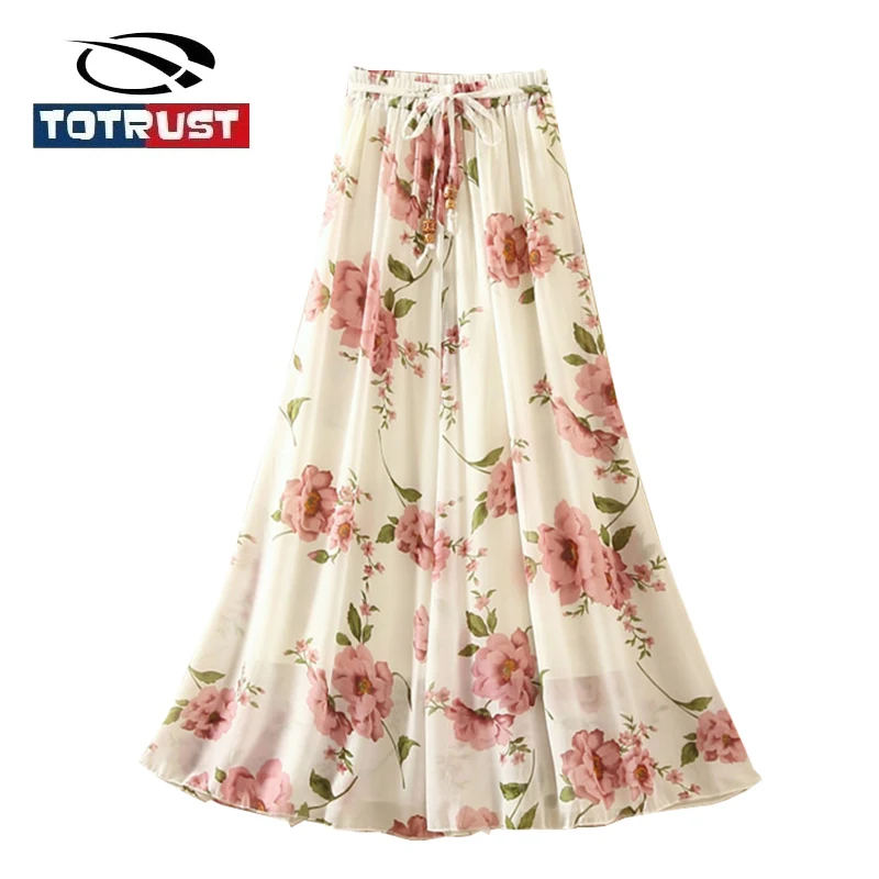 

TOTRUST Ladies Floral Print Skirt Summer 2019 Long Flower Skirt Women Bohemia Chiffon Skirt Vintage Boho Faldas Saia Femininas