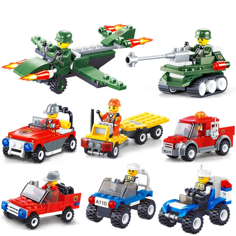 

12 Kinds Playmobils Original Mini Transportation Block Car Building Blocks Compatible legoeING Duplos City Solider Police Bricks