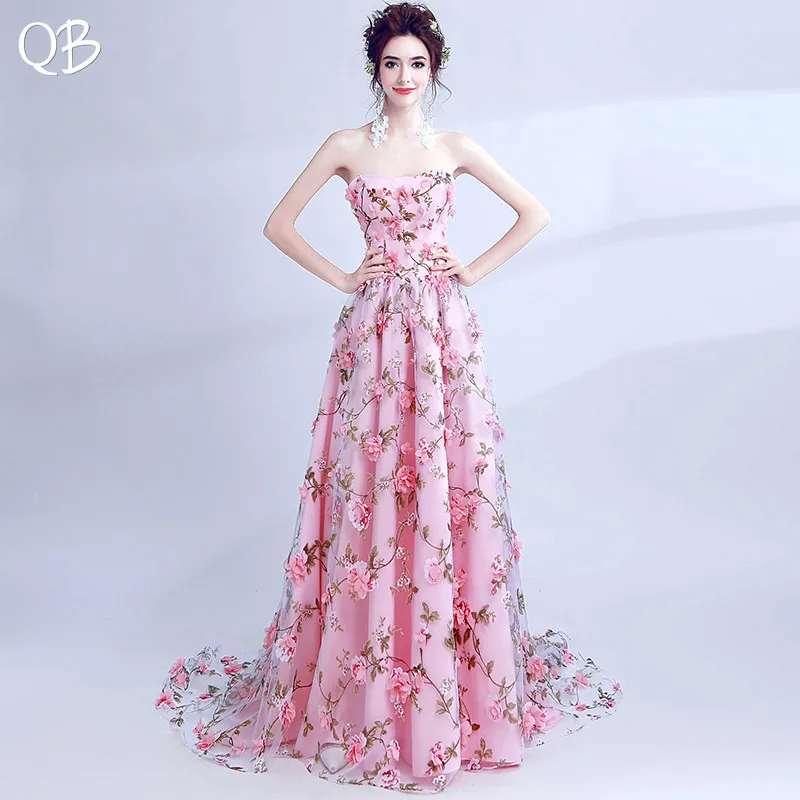 

A-line Sweetheart Pattern Tulle 3D Flowers Pink Elegant Formal Evening Dresses Bride Banquet Party Prom Dress XK45