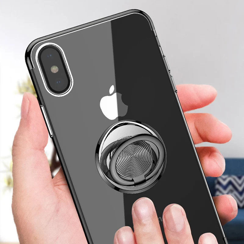 

For iPhone X XS MAX Case Soft Silicone Clear Ring Stand Full Cover For Apple iPhone 7 Plus 6S 6 8 Plus Case Magnetic Car Bracket