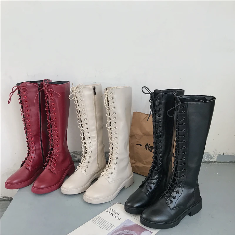 

Red Beige 2019 Autumn Modern Lace Up Leather Women Knee High Boots high quality Chunky Heel Female Riding bota feminina