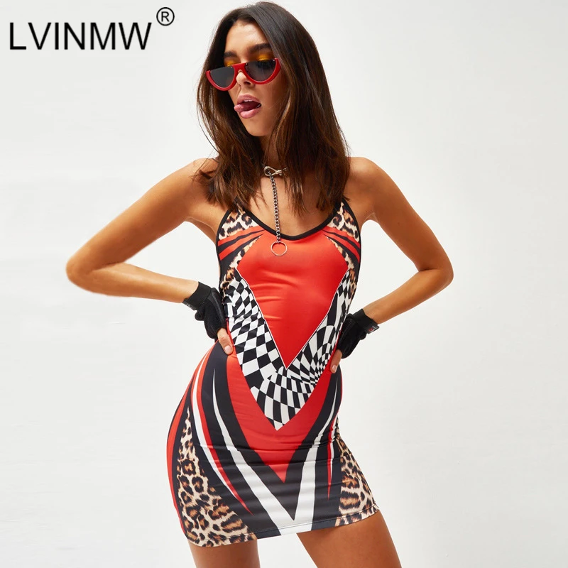 

LVINMW Sexy Print Patchwork Halter Lace Up Cross Dress 2019 Summer Women Backless Sleeveless Mini Dress Female Party Club Dress
