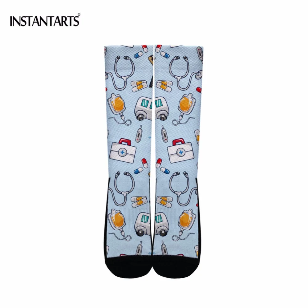 

INSTANTARTS Cute Cartoon Stethoscope/Medical Printed Women Sports Socks Breathable Cycling/Running Socks Knee High Female Sock