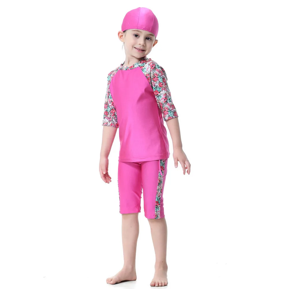 Милый цветочный мусульманский купальный костюм для девочек; г.; скромный пляжный купальный костюм с коротким рукавом; детский Буркини
