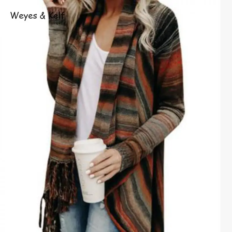 

Weyes & Kelf Striped Tassel Long Cardigans Poncho Feminino Inverno 2018 Spring Ladies Irregular Sweater Cardigan Estampado
