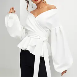 2018 Новая Осенняя Женская Сексуальная Блузка с открытыми плечами и рукавами-фонариками, рубашка с бантом и поясом, офисная блузка