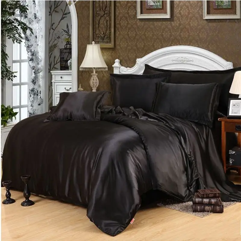 Puro preto cetim capa de edredão conjunto rainha rei tamanho 4pc macio sedoso colcha cama conjunto seda/algodão folha linho casa têxtil