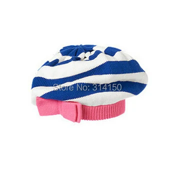 

TOU--Baby Hats Cotton Bowknot New Style Children Beret Winter Warm Knitted Caps Baby Fashion Stripe Crochet Hats