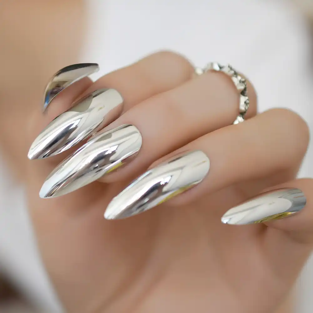 Metallic Mirror Extra Long Stilettos Sharp False Nail Metal Silver Fake Nails Acrylic Artificial Stiletto Nail Art Fuax Ongles