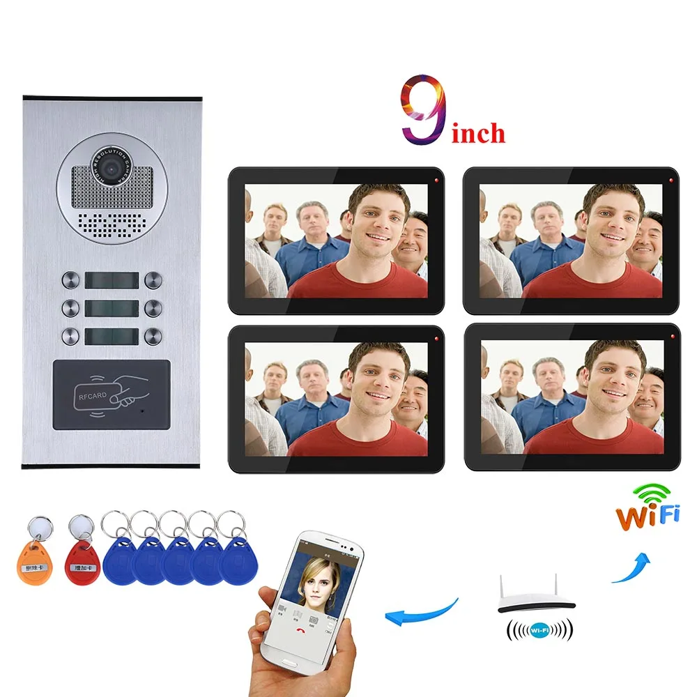 cheap MOUNTAINONE Video Intercom Systems 4 apartments 9 inch Wifi Video Door Phone System RFID IR CUT HD 1000TVL Doorbell Camera