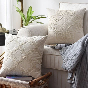 

45x45cm classical cotton rope embroidered floral beige cushion cover lumbar pillowcase sofa embroidery pillow cover backrest