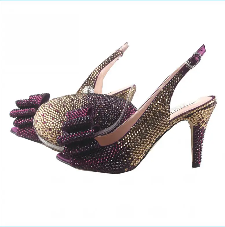 BS950/DHL; обувь ручной работы на заказ; Золото Серебро Бронза; комплект из туфель с бантом и сумочки; женские свадебные туфли на блочном каблуке - Цвет: gold purple
