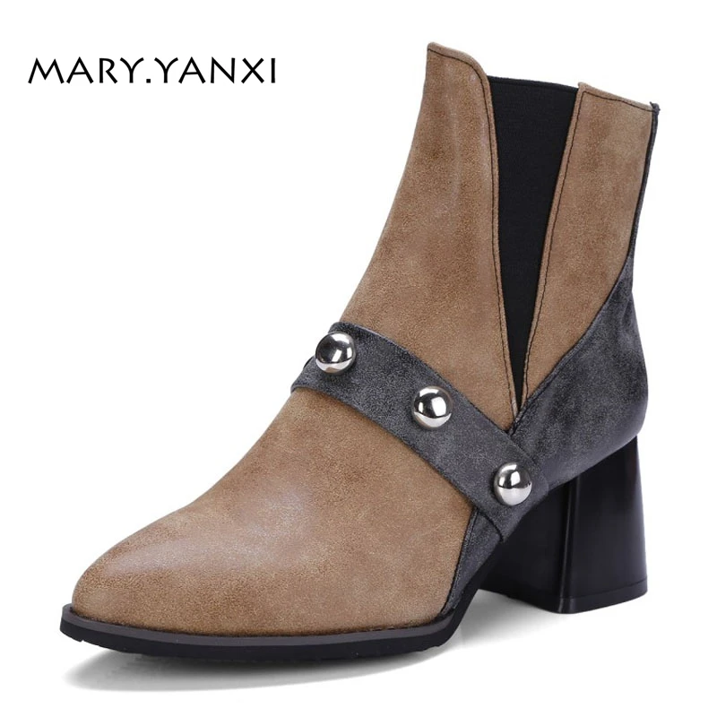 

Spring Autumn Winter Women Shoes Ankle Chelsea Boots Slip-on Square Toe High Heels Short Plush Big Size Metal Decoration Mixed