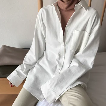 

Women's Cotton Linen White Oversized Shirts Top Solid Long Sleeve Loose Shirt Female Summer Turn Down Collar Office Lady Tops