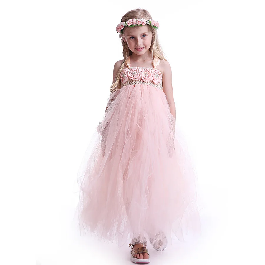 Girls Princess Peach Flowers Tutu Dress Children Summer Fancy Ankle Length (6)