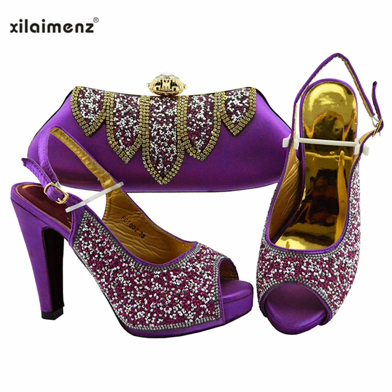

Purple Color 2019 New Design Nigerian Shoes And Bag To Match Set African Ladies Shoes And Bag Set For Royal Wedding Dress