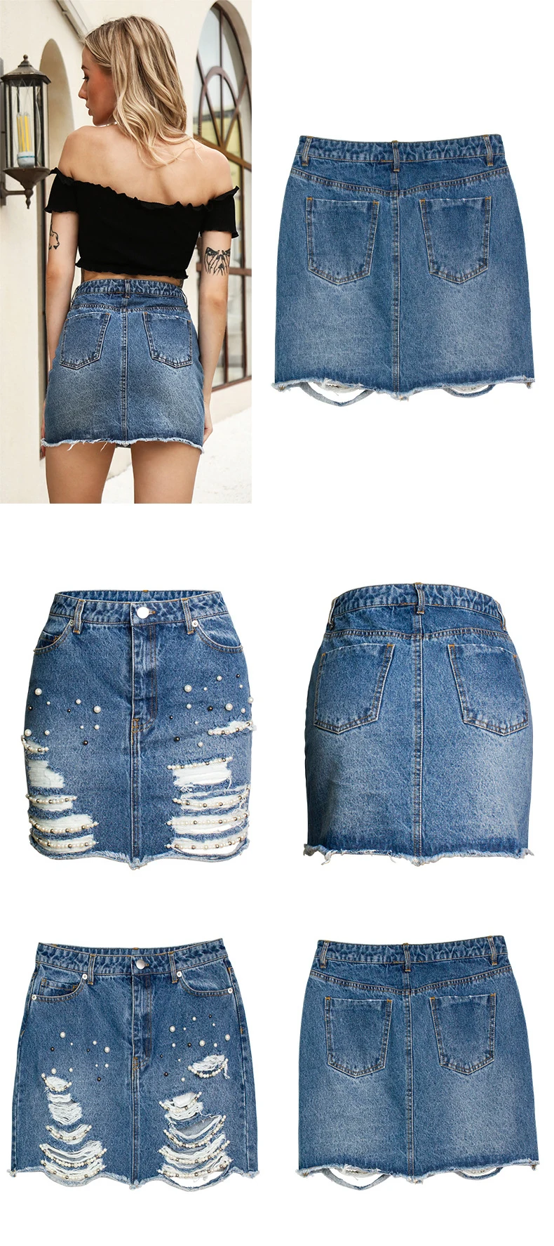 New pearl high waist sexy bag buttock skirt torn denim skirt (6)